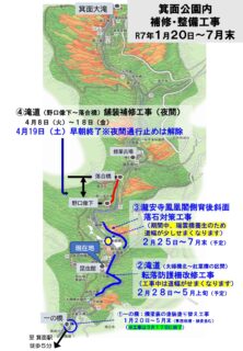 R7年1月20日～7月末：箕面公園内では補修・整備工事をおこなっています(夜間通行止め解除）